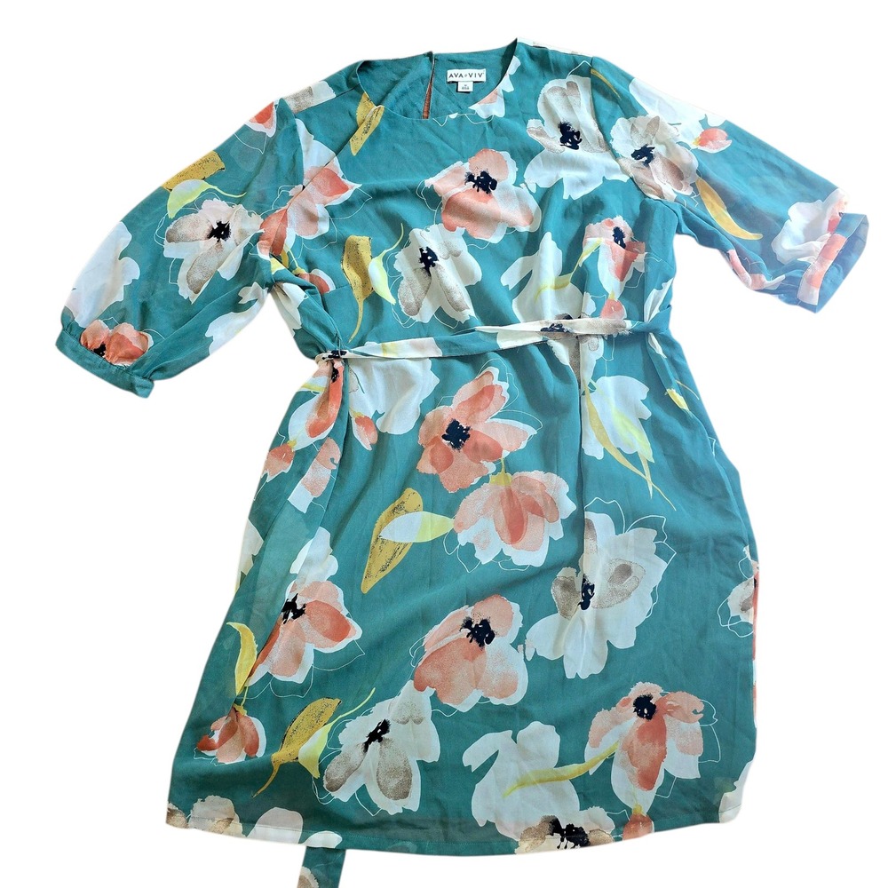 New AVA &โ VIV 1X Teal Green Floral Print Belted Midi Dress Women's Plus Size 1X